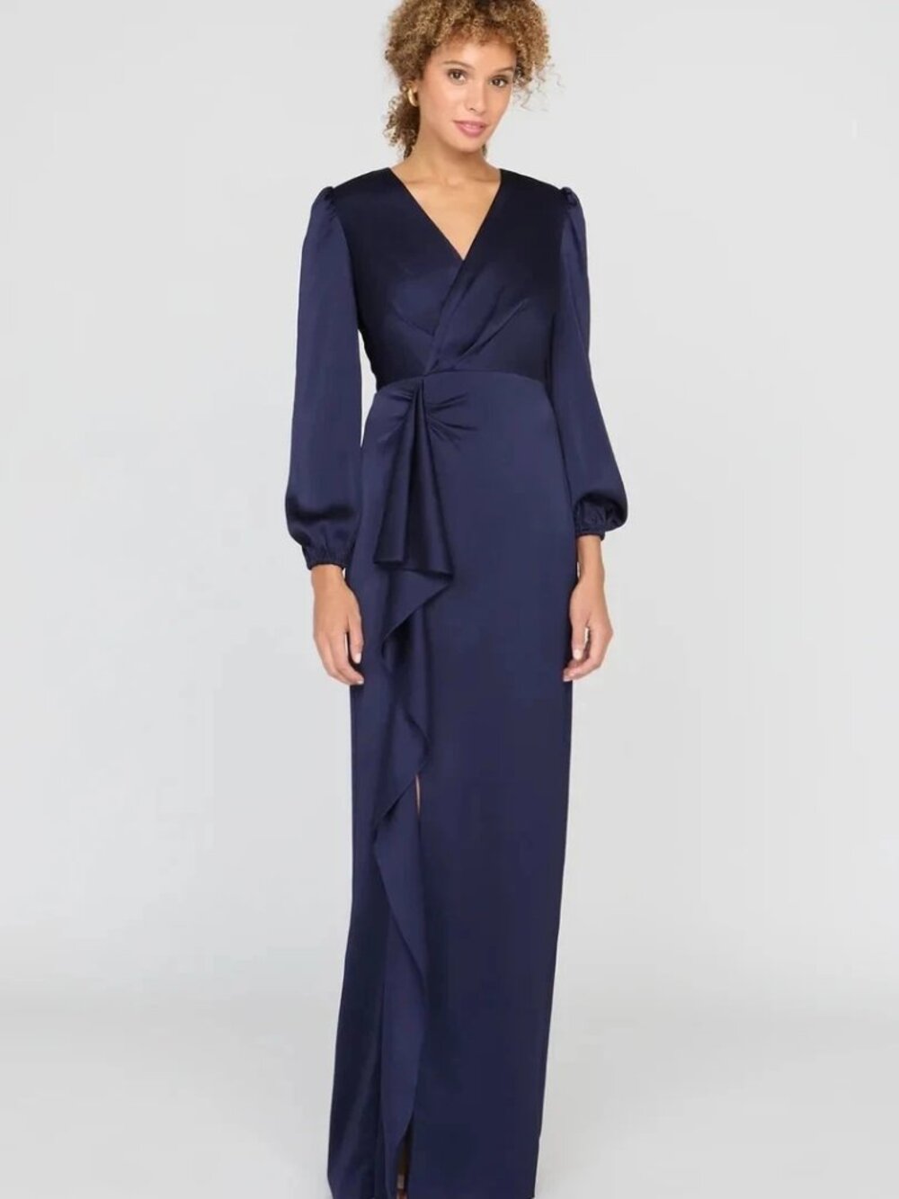 Kay Unger Twilight Blue Nia Draped Hammered-Charmeuse Surplice Gown